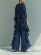 Conjunto Elegante Mujer de Gasa con Volantes y Pantalón Recto