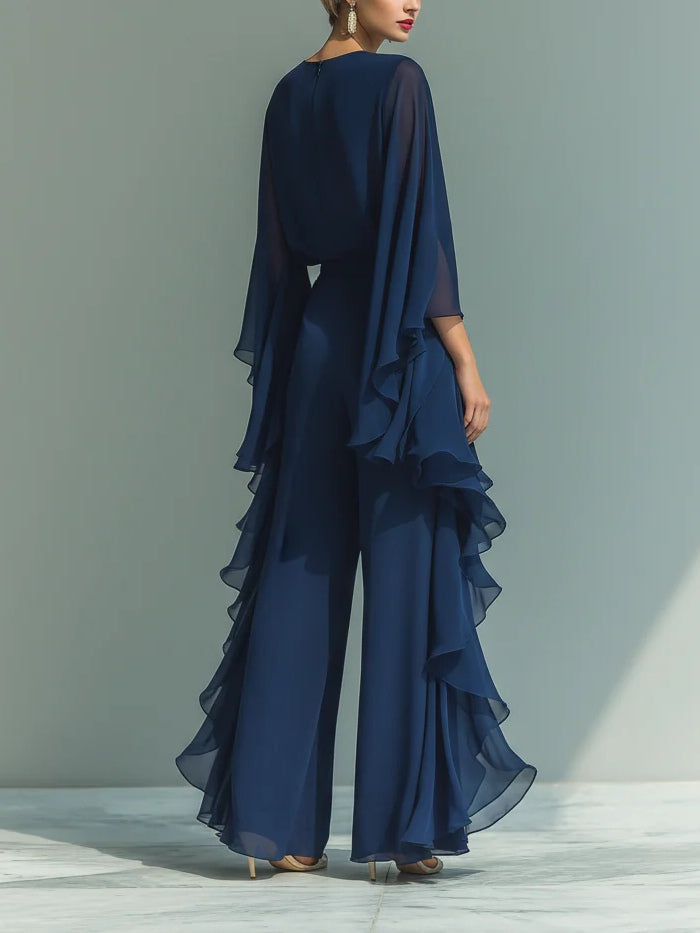 Conjunto Elegante Mujer de Gasa con Volantes y Pantalón Recto