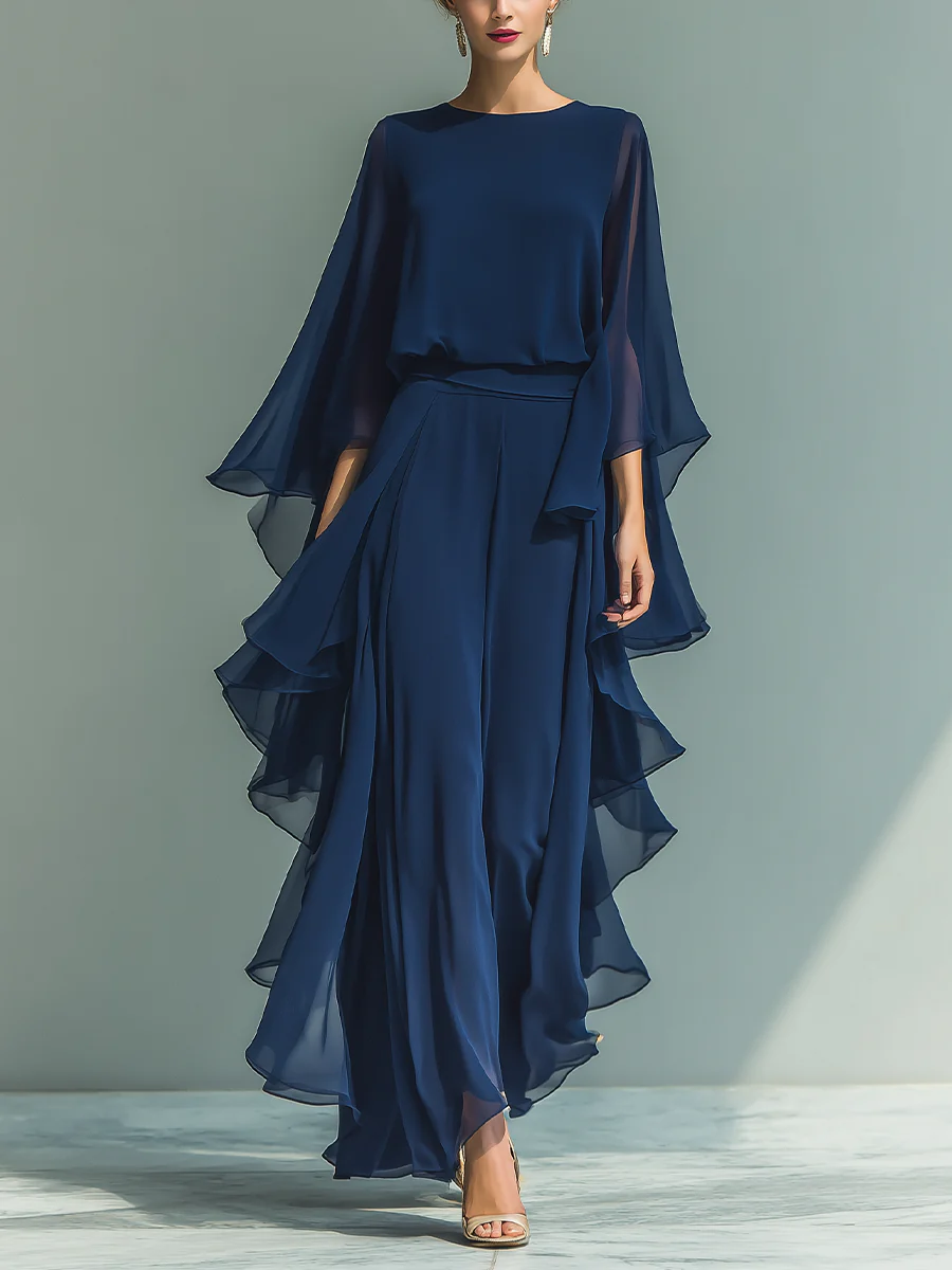 Conjunto Elegante Mujer de Gasa con Volantes y Pantalón Recto