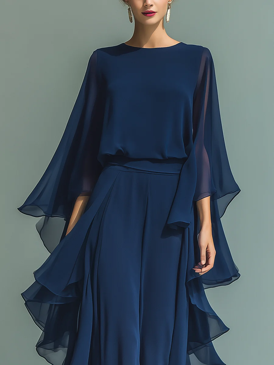 Conjunto Elegante Mujer de Gasa con Volantes y Pantalón Recto