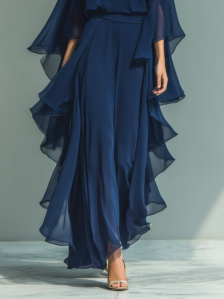 Conjunto Elegante Mujer de Gasa con Volantes y Pantalón Recto