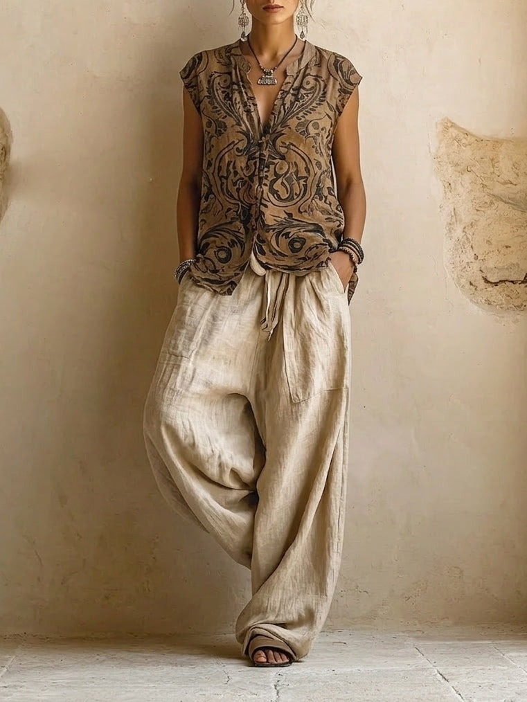 Conjunto mujer 3 piezas lino algodón top étnico cárdigan pantalón ancho