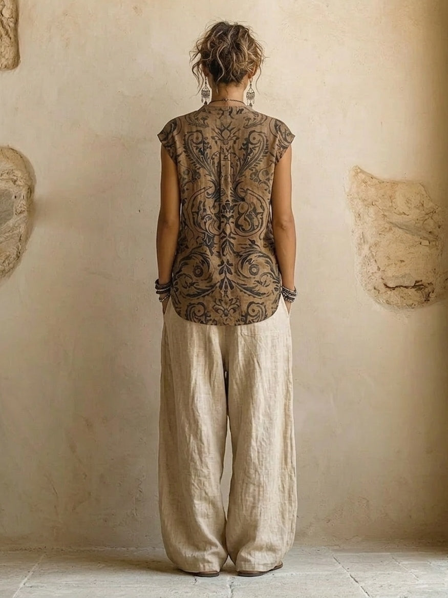 Conjunto mujer 3 piezas lino algodón top étnico cárdigan pantalón ancho