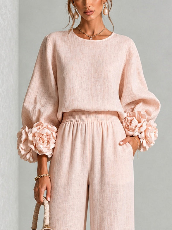Conjunto Elegante Mujer Blusa Manga Floral y Pantalón Ancho | Kalina