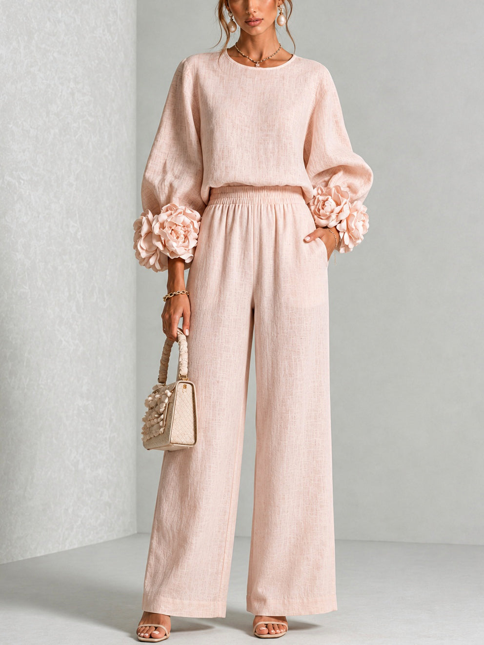Conjunto Elegante Mujer Blusa Manga Floral y Pantalón Ancho | Kalina