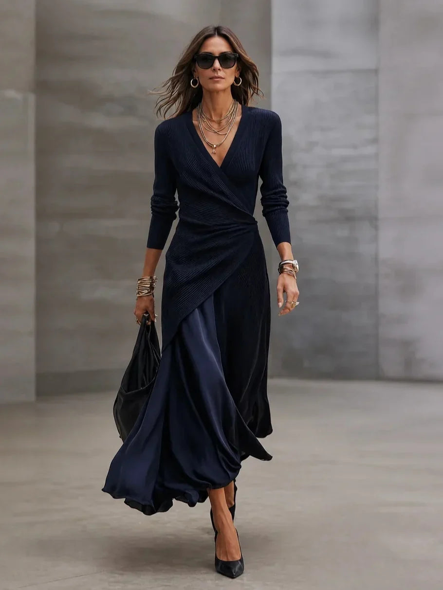 Conjunto Efecto Vestido Largo Cruzado de Canalé Azul Marino | Adela