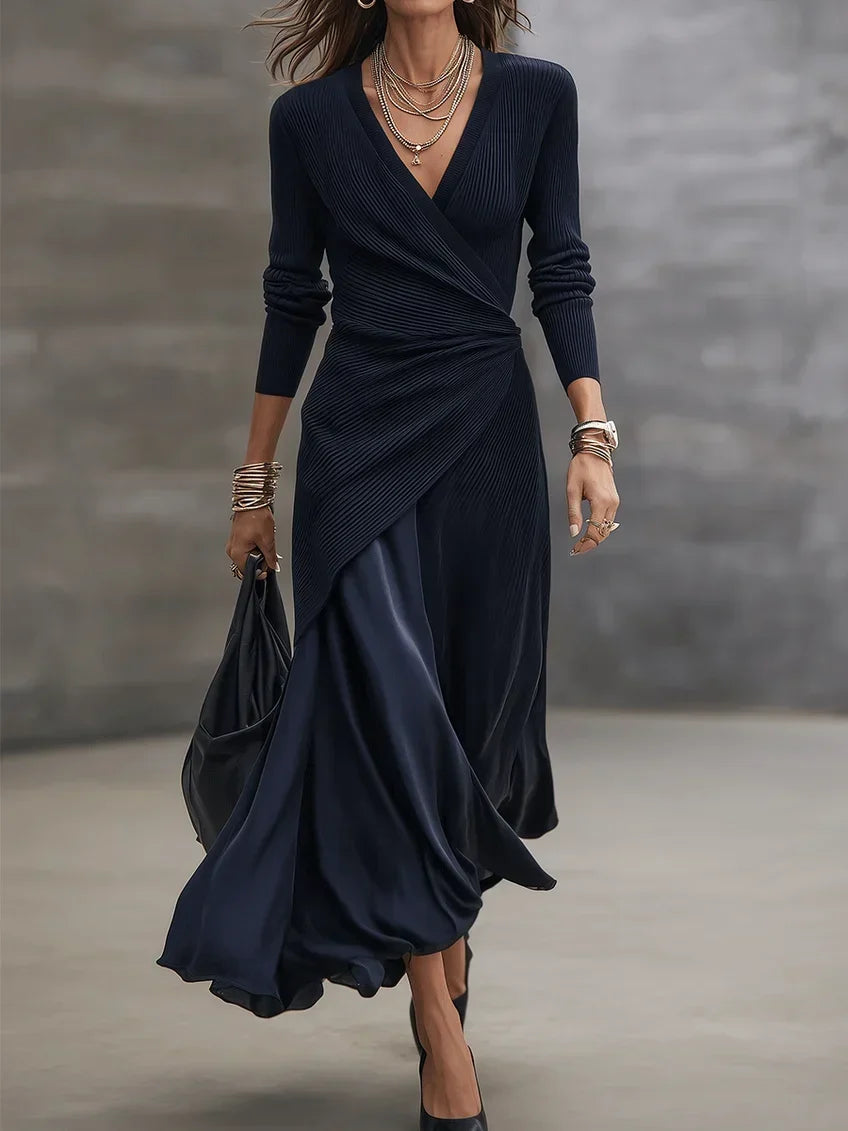 Conjunto Efecto Vestido Largo Cruzado de Canalé Azul Marino | Adela