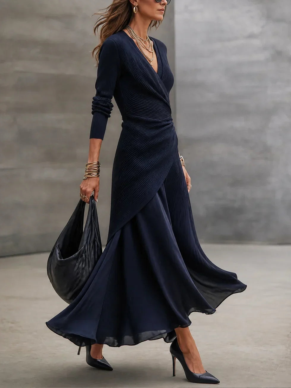 Conjunto Efecto Vestido Largo Cruzado de Canalé Azul Marino | Adela