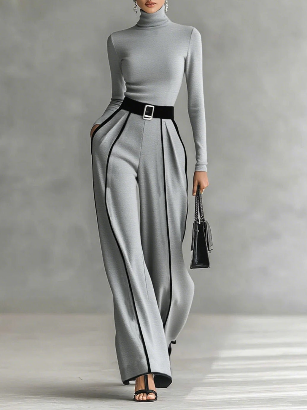 Conjunto Mujer Top Cuello Alto y Pantalón Ancho con Cinturón