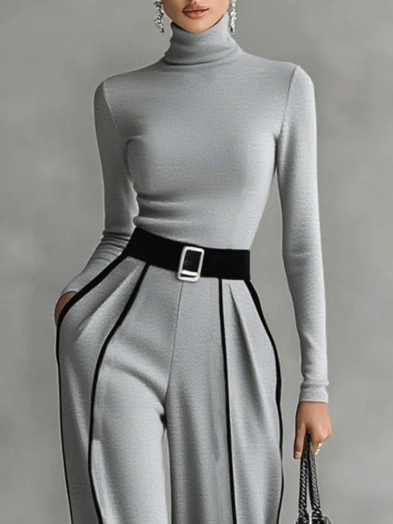 Conjunto Mujer Top Cuello Alto y Pantalón Ancho con Cinturón