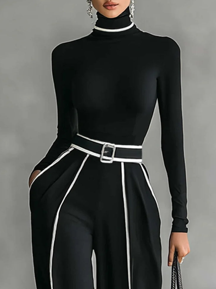Conjunto Mujer Top Cuello Alto y Pantalón Ancho con Cinturón