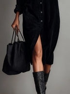 Vestido Midi de Pana con Bolsillos y Botones para Mujer
