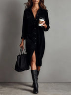 Vestido Midi de Pana con Bolsillos y Botones para Mujer