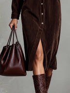Vestido Midi de Pana con Bolsillos y Botones para Mujer