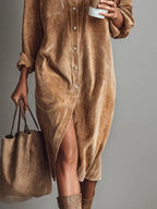 Vestido Midi de Pana con Bolsillos y Botones para Mujer