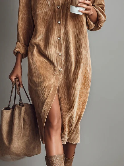 Vestido Midi de Pana con Bolsillos y Botones para Mujer