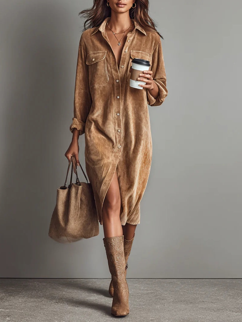 Vestido Midi de Pana con Bolsillos y Botones para Mujer