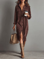Vestido Midi de Pana con Bolsillos y Botones para Mujer