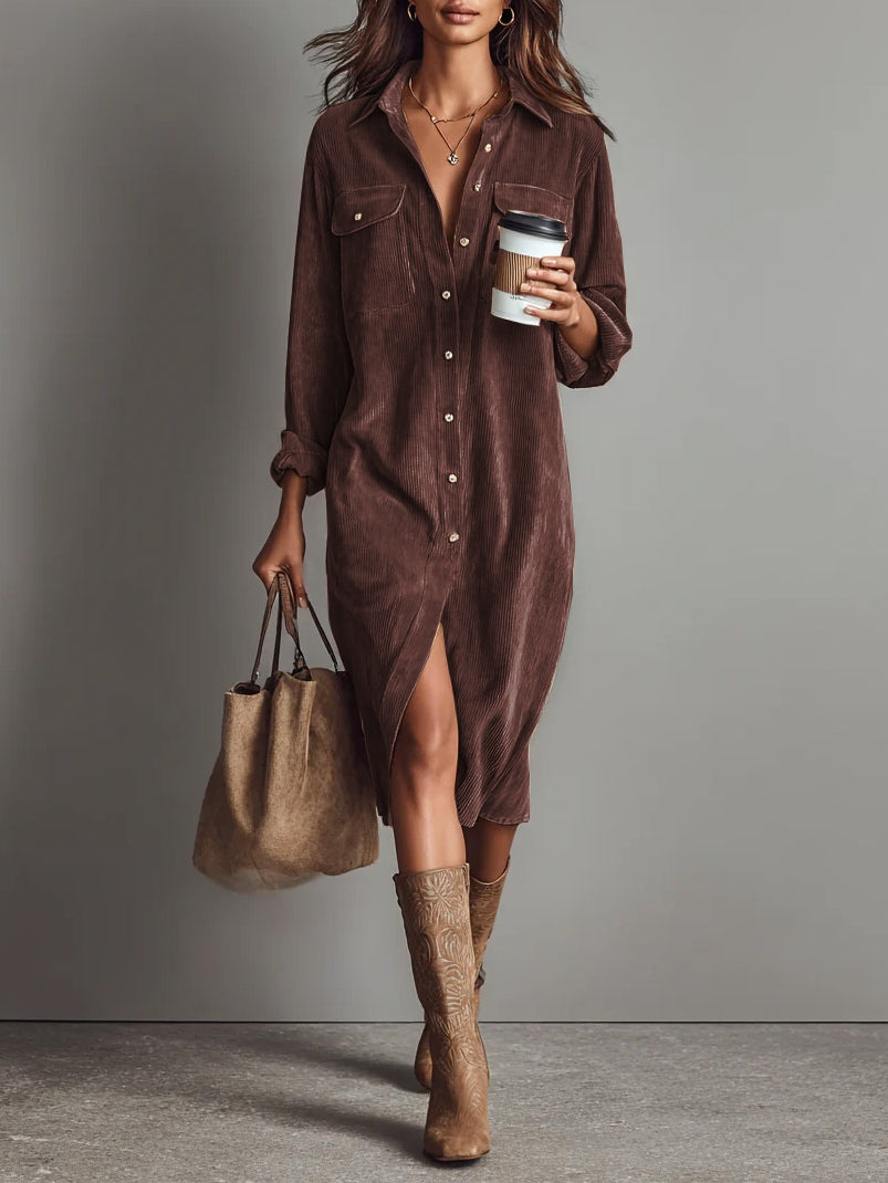 Vestido Midi de Pana con Bolsillos y Botones para Mujer