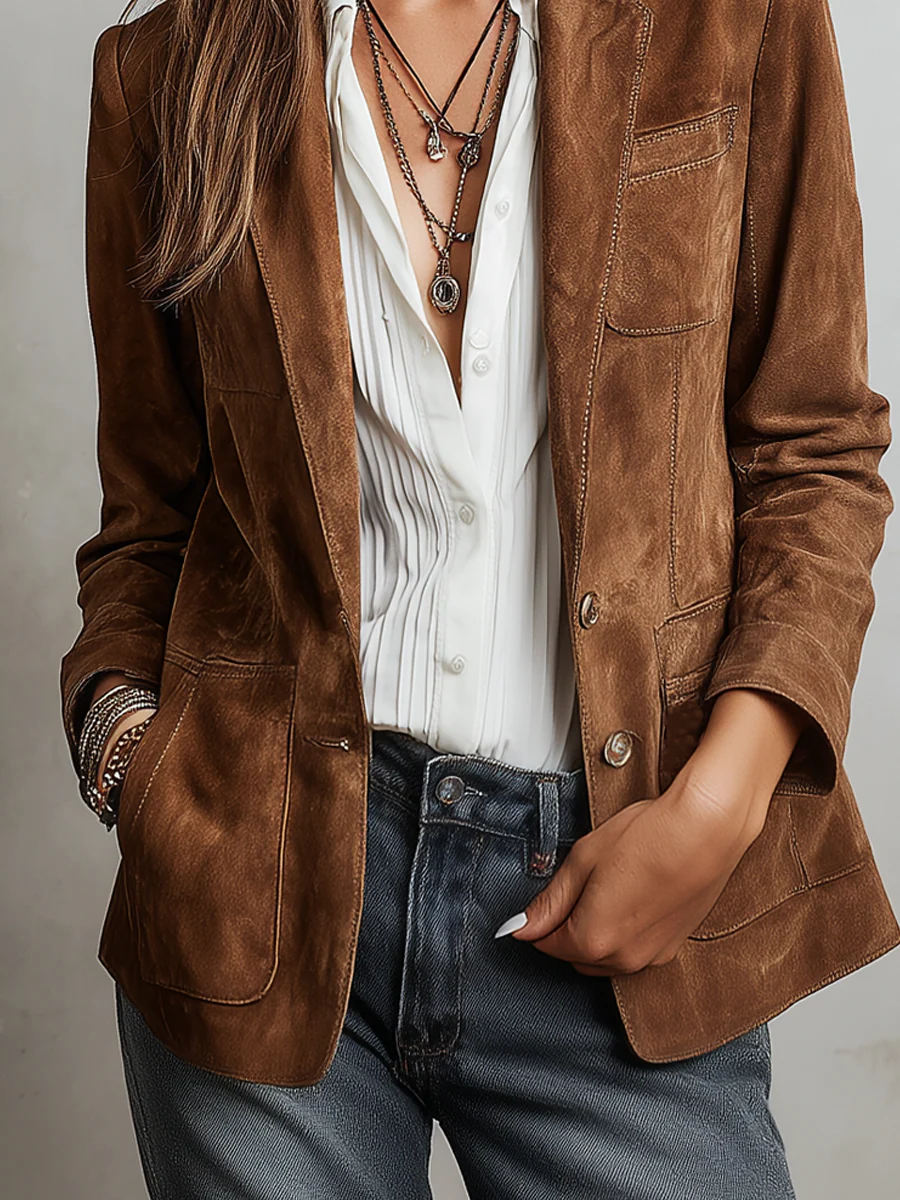 Blazer Vintage Marrón con Pespuntes en Contraste para Mujer | Rocío