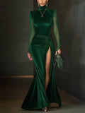 Vestido Largo de Terciopelo Verde con Abertura | Elena