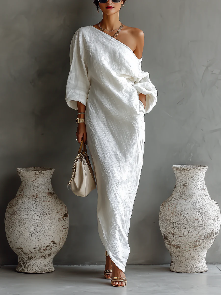 Vestido largo de un solo hombro, elegante y fluido | Esther
