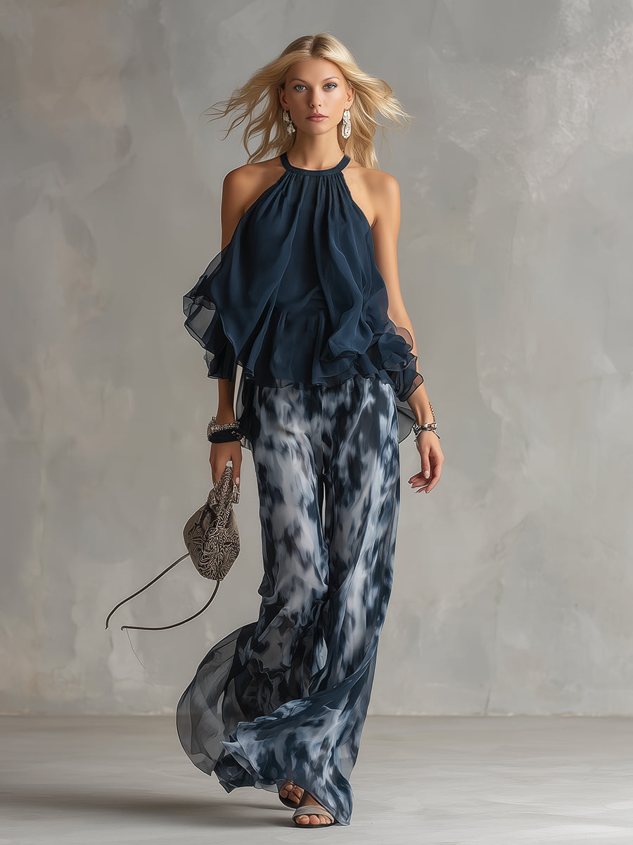 Elegante conjunto de mujer de dos piezas de invitada de boda con top halter de volantes y pantalón ancho
