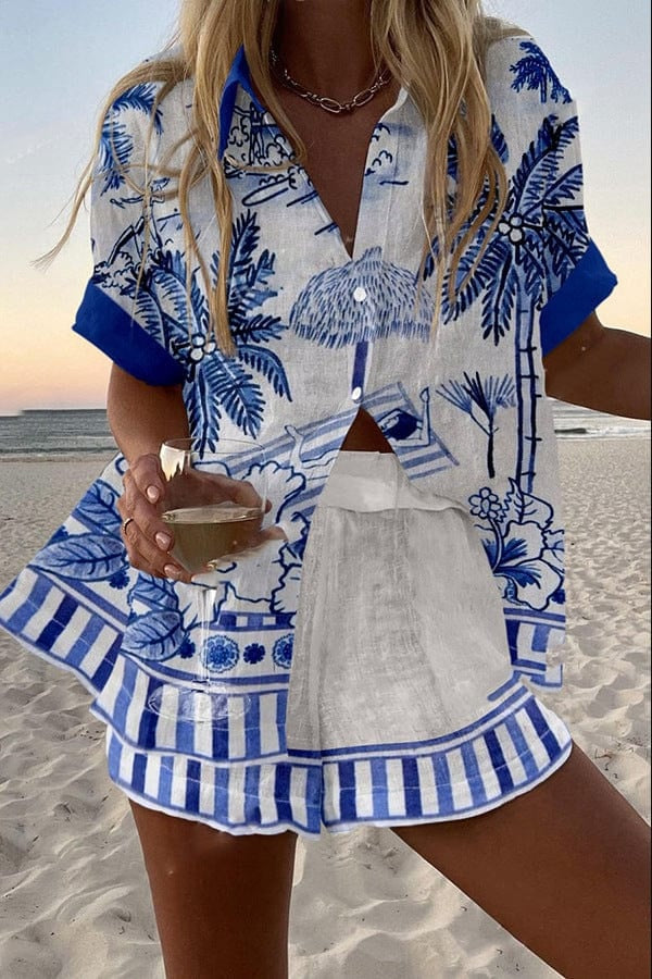 Conjunto Camisa y Short lino Estampado Verano Playa | Marbella 2.0