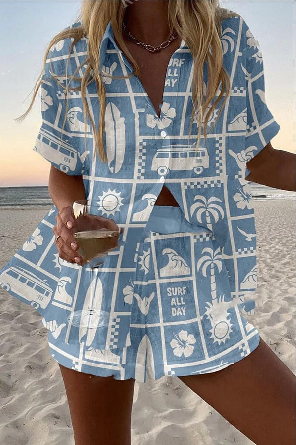 Conjunto Camisa y Short lino Estampado Verano Playa | Marbella 2.0