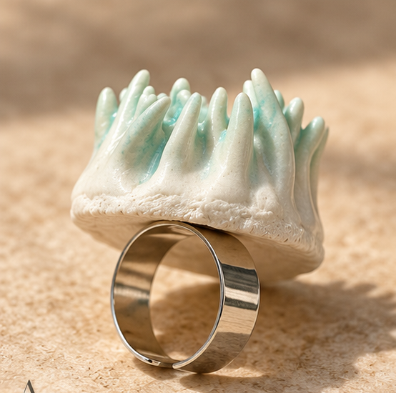 Anillos de cerámica hecho a mano, blanco y verde agua – Base de acero ajustable, modelo Arrecife