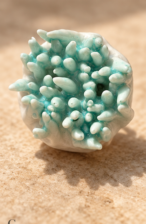 Anillos de cerámica hecho a mano, blanco y verde agua – Base de acero ajustable, modelo Arrecife