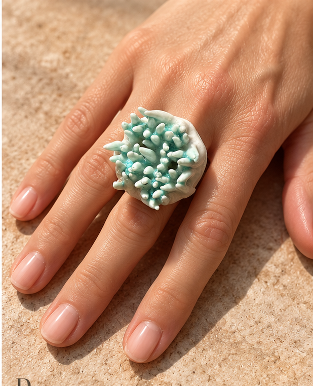 Anillos de cerámica hecho a mano, blanco y verde agua – Base de acero ajustable, modelo Arrecife