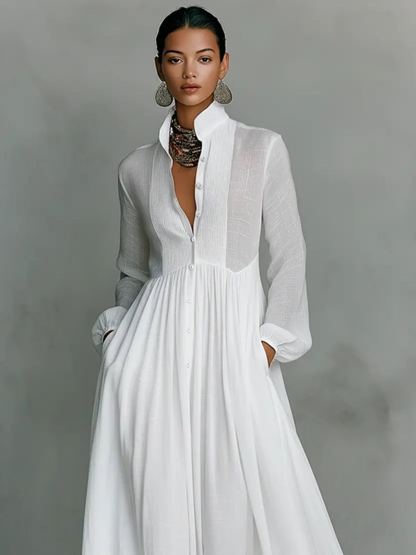 Vestido Largo de Novia Sencillo Mujer Manga Larga Botones | Ariadna