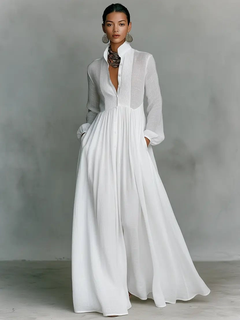 Vestido Largo de Novia Sencillo Mujer Manga Larga Botones | Ariadna