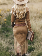 Vestido Midi Western Mujer Ante Sintético con Flecos y Cinturón - Soledad