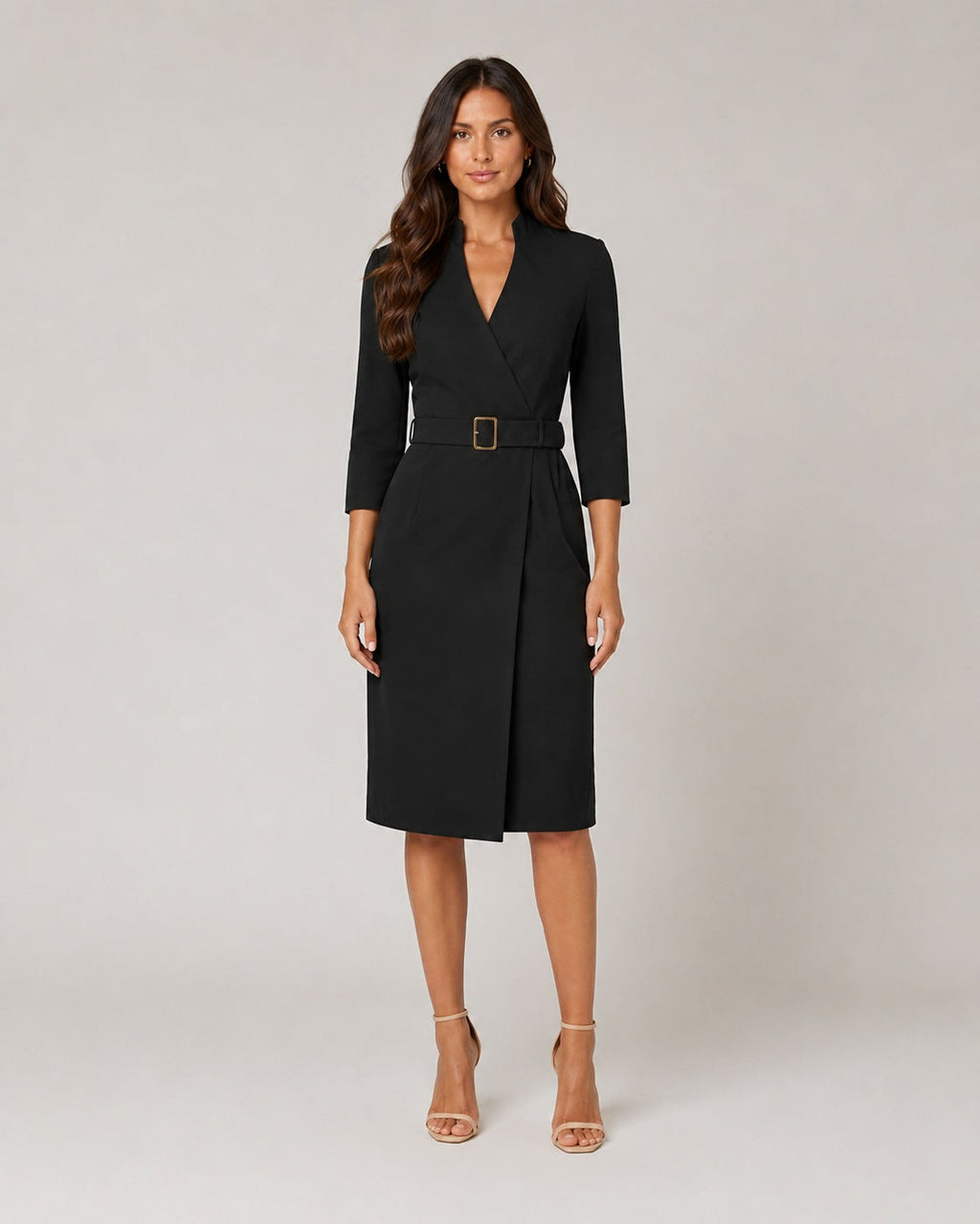 Vestido Midi Cruzado con Cinturón y Manga 3/4 Mujer