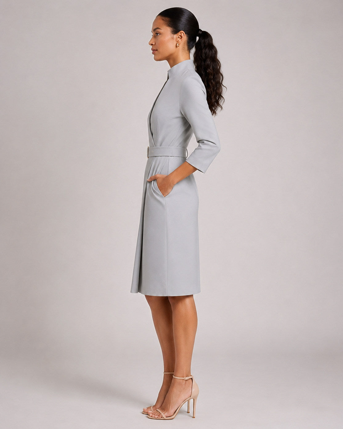 Vestido Midi Cruzado con Cinturón y Manga 3/4 Mujer