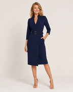Vestido Midi Cruzado con Cinturón y Manga 3/4 Mujer