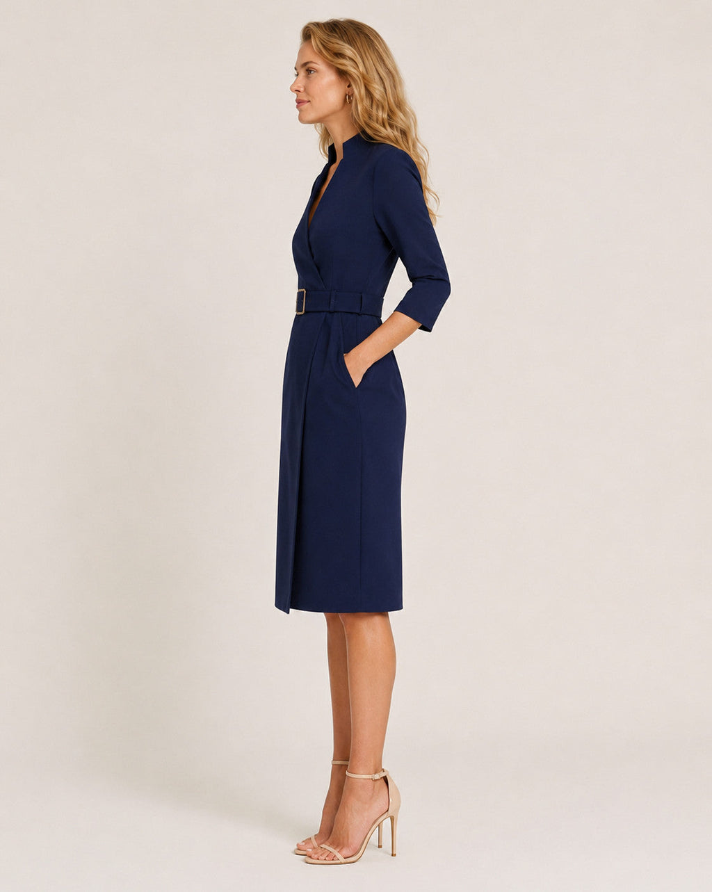 Vestido Midi Cruzado con Cinturón y Manga 3/4 Mujer
