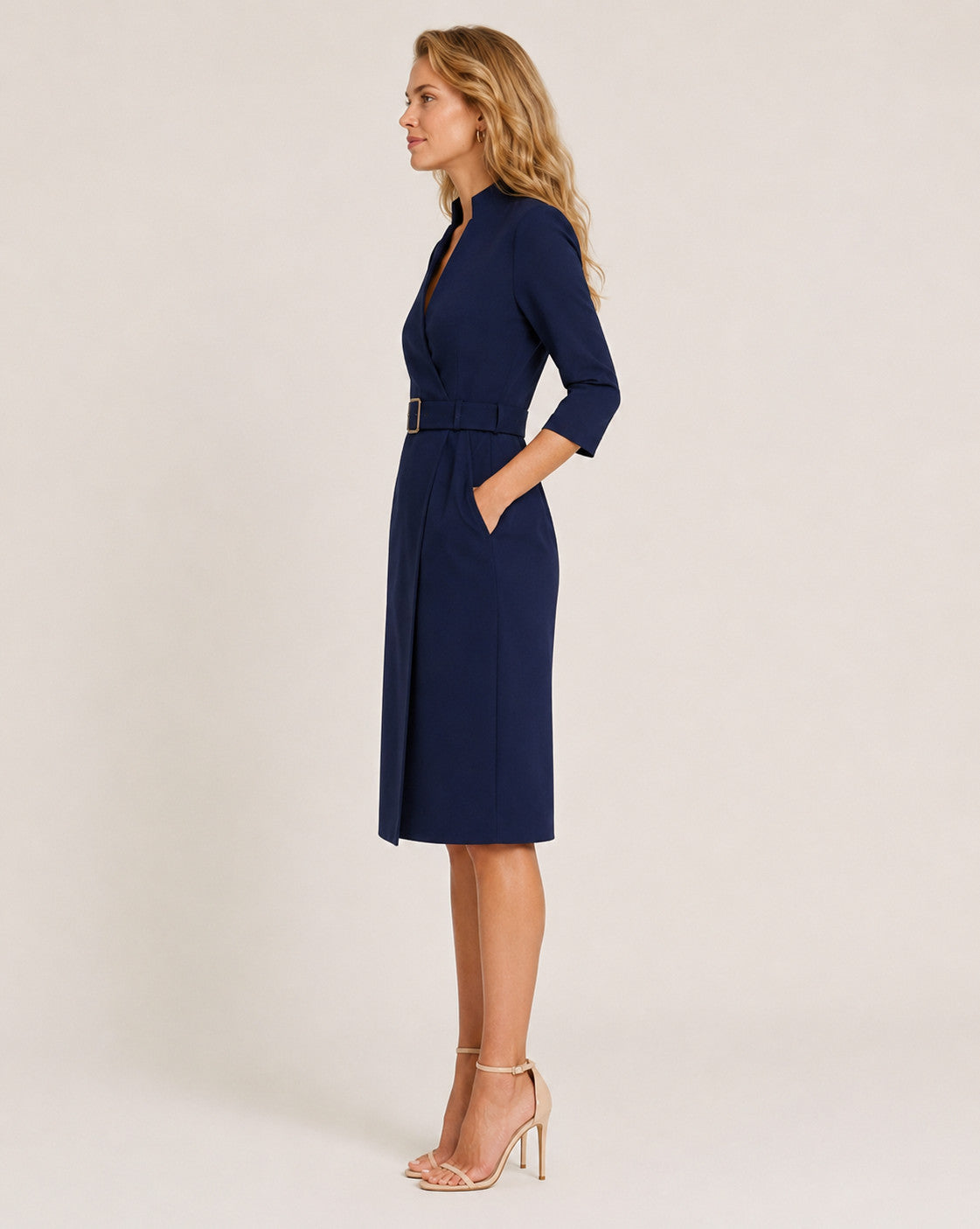 Vestido Midi Cruzado con Cinturón y Manga 3/4 Mujer