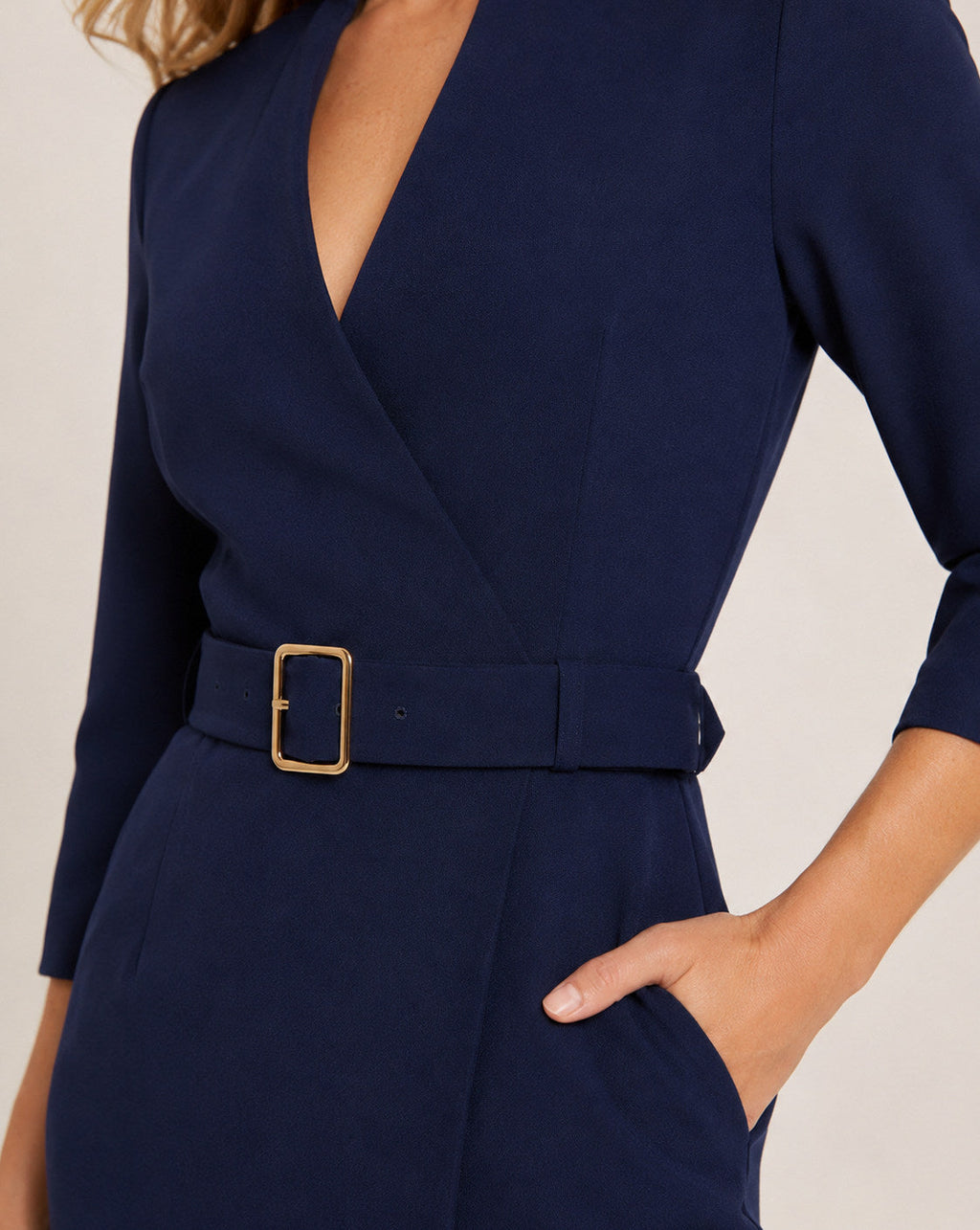 Vestido Midi Cruzado con Cinturón y Manga 3/4 Mujer