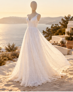 Vestido de Novia Largo Encaje Escote V Fluido Blanco | Elena