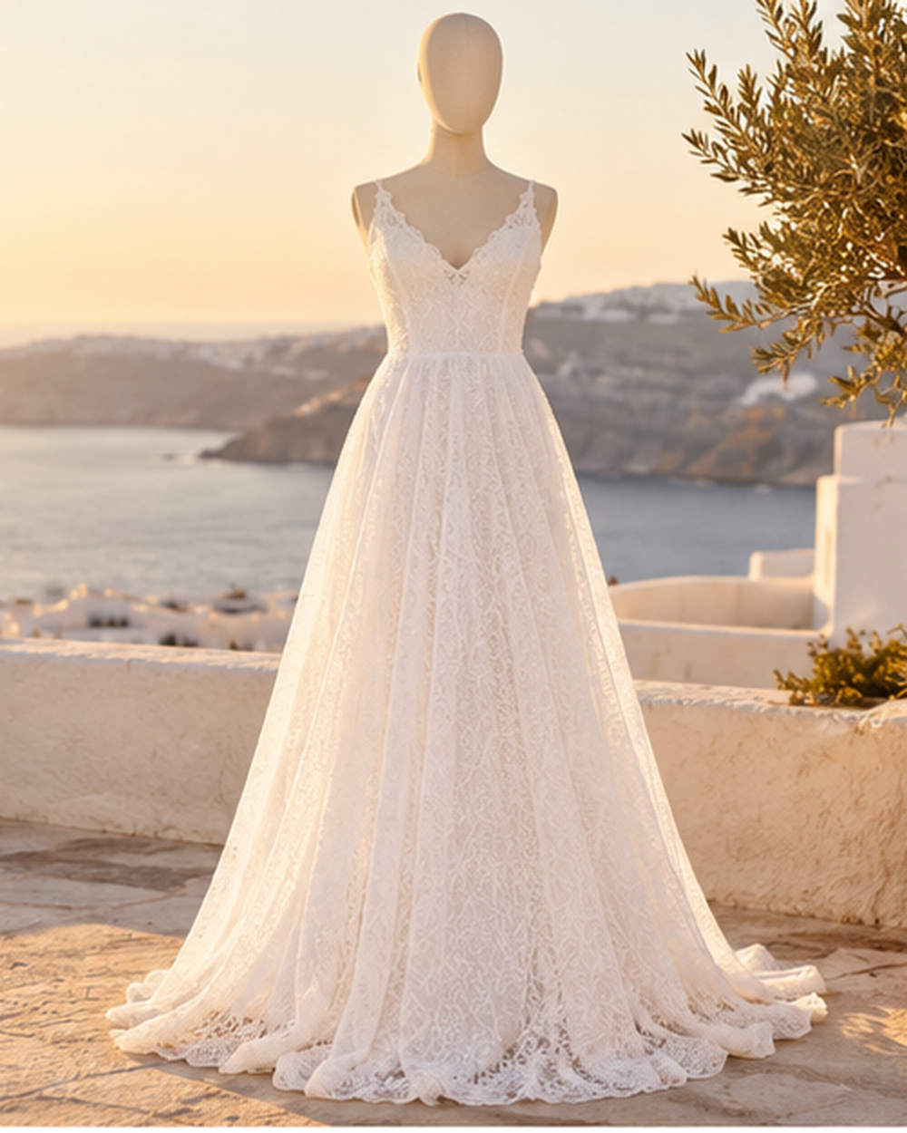 Vestido de Novia Largo Encaje Escote V Fluido Blanco | Elena