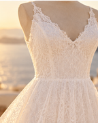 Vestido de Novia Largo Encaje Escote V Fluido Blanco | Elena