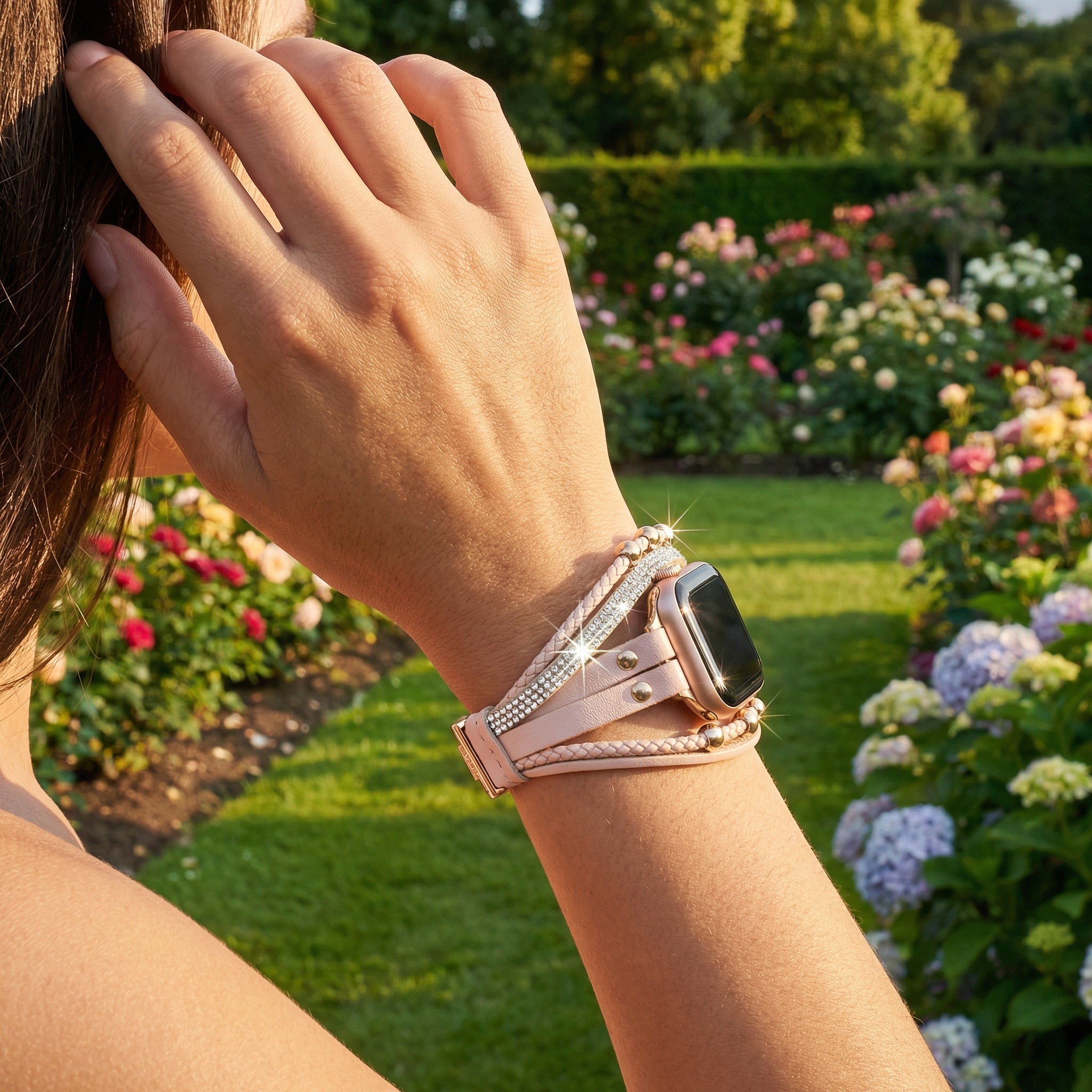 Pulsera Apple Watch de múltiples hileras, con strass y trenzado, para mujer, modelo Melona