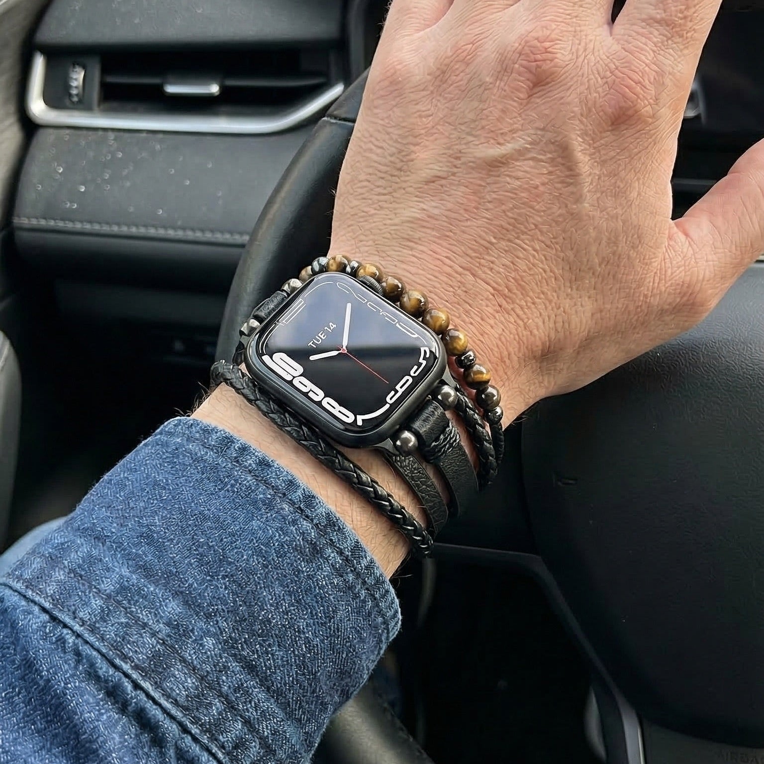 Pulsera para Apple Watch de múltiples hileras, cuentas ojo de tigre, cuero vegano sintético, cierre ajustable, modelo Renz