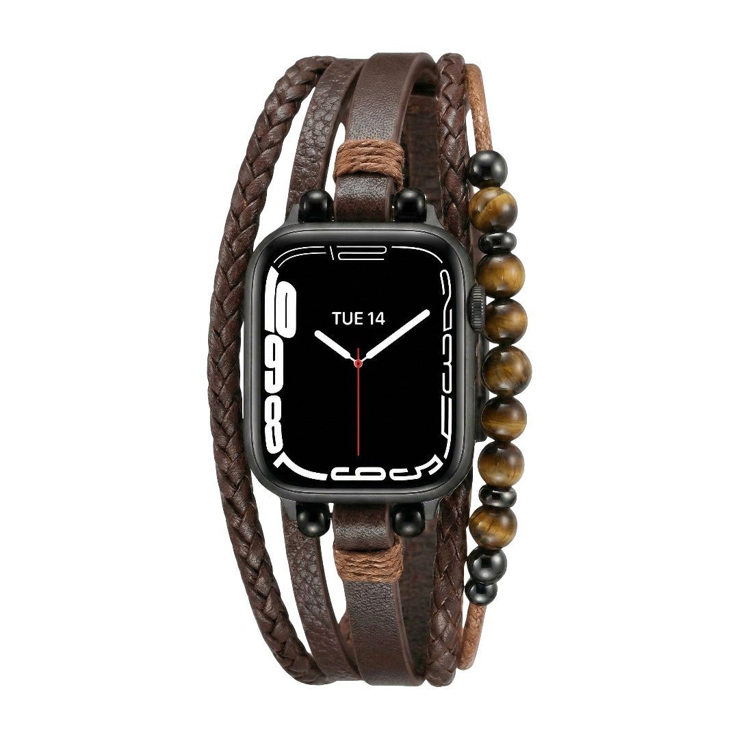 Pulsera para Apple Watch de múltiples hileras, cuentas ojo de tigre, cuero vegano sintético, cierre ajustable, modelo Renz
