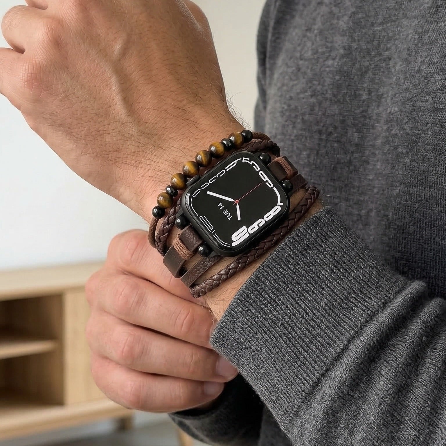Pulsera para Apple Watch de múltiples hileras, cuentas ojo de tigre, cuero vegano sintético, cierre ajustable, modelo Renz
