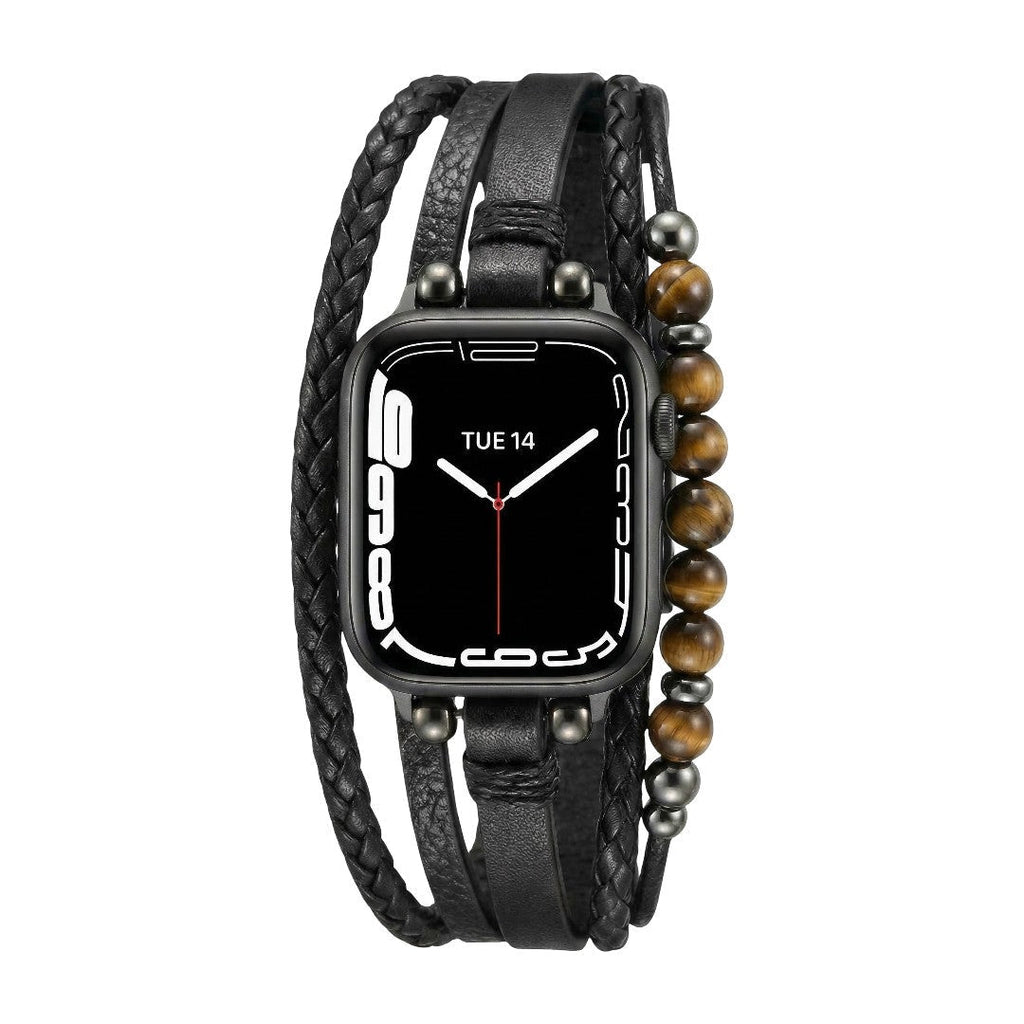 Pulsera para Apple Watch de múltiples hileras, cuentas ojo de tigre, cuero vegano sintético, cierre ajustable, modelo Renz