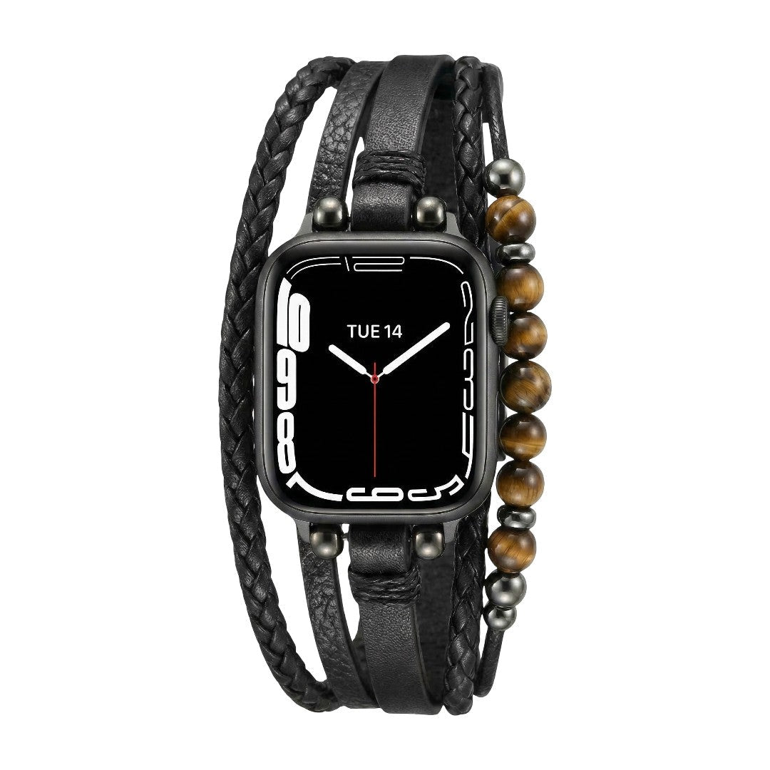 Pulsera para Apple Watch de múltiples hileras, cuentas ojo de tigre, cuero vegano sintético, cierre ajustable, modelo Renz